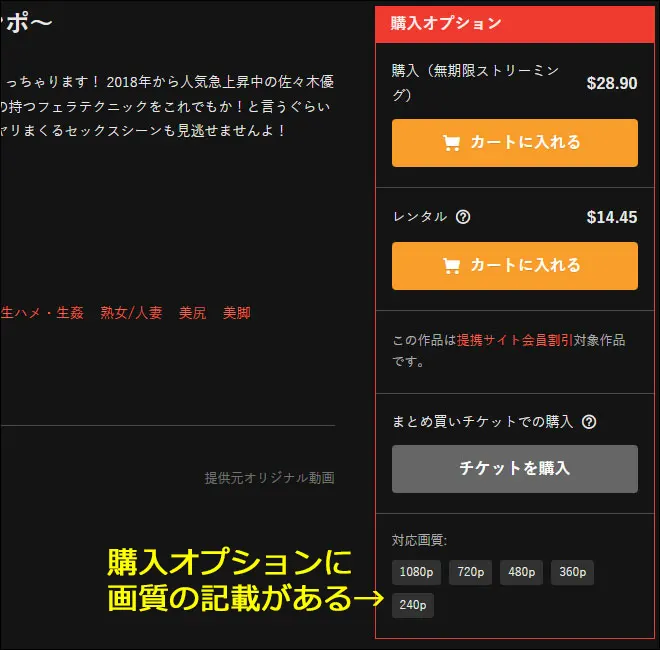 カリビアンコムプレミアムの購入オプションに画質の記載がある