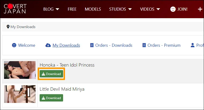 CovertJapanのMyDownloadsページのスクリーンショット